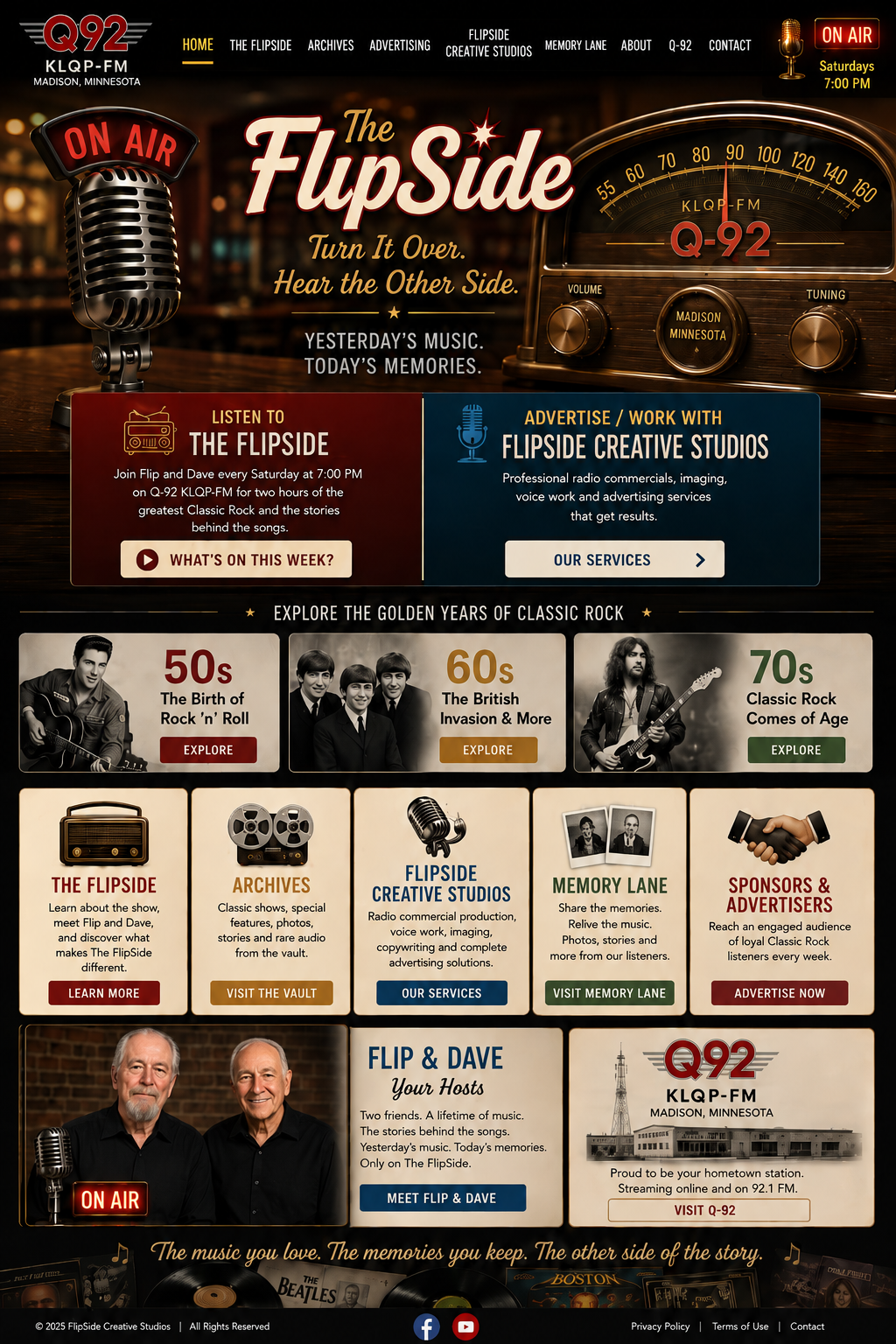 The FlipSide homepage featuring classic radio imagery, program links, and hosts Flip and Dave